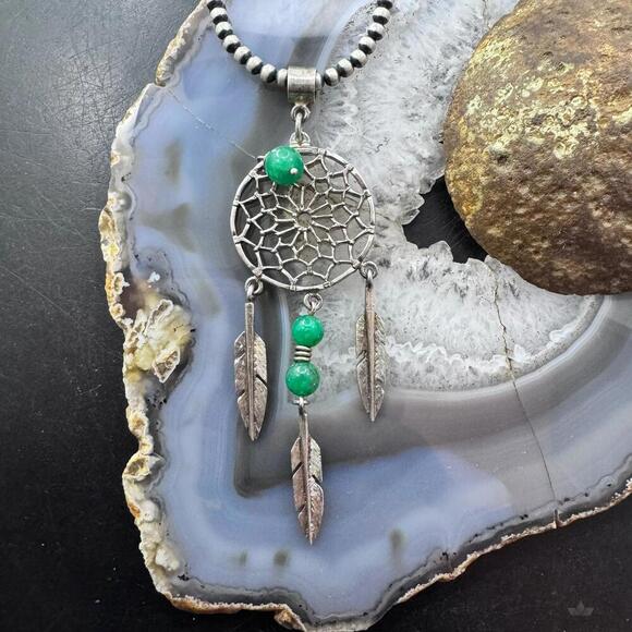 Vintage Native American Silver 3 Jade Beads Dreamcatcher Pendant For Women - Picture 1 of 10